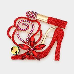 Crystal Shoe and Lipstick Brooch, Rhinestone Clothing Pin